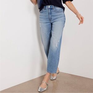 Evereve Ever Vintage Barrel Leg Mid Wash Distressed Blue Jeans. Retail $148